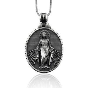 Silver Virgin Mary Men's Necklace, Miraculous Virgin Mary Pendant, Solid Silver Holy Mother Medallion, Religious Catholic Mens Gift Necklace