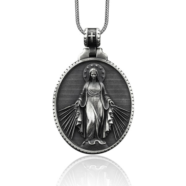 Collier homme Vierge Marie en argent, pendentif Vierge Marie miraculeuse, médaillon Sainte Mère en argent massif, collier cadeau religieux catholique pour homme