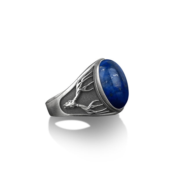 Lapis lazuli signet mens ring avec corne de cerf, Biker lapis pierre argent homme bague, tête de mort tête de cerf homme bague, bleu Lapis hommes bague pour mari