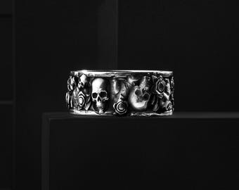 Calavera Mexican Silver Roses Band with Carved Floral Skulls, Handmade Gothic Personalized Biker Men's Jewelry