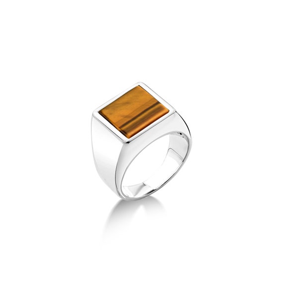 【送料無料】BULKY SQUARE GEMSTONE☆925 SOLID STERLING SILVER 925 Sterling Silver Square Cut Tigers Eye Ring for Men