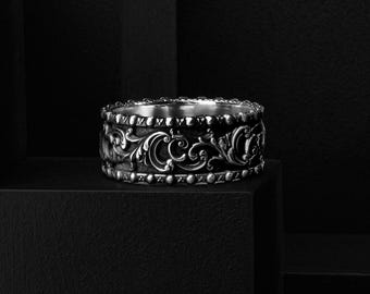 Silver Memento Mori Baroque Skull Head Pattern Brutal Band Ring, Vintage Personalized Luxury Wedding Jewelry Ring