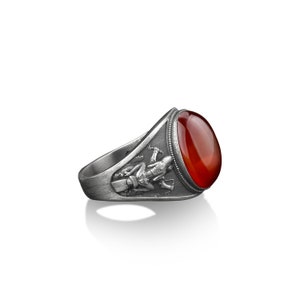 Biker chick carnelian gemstone oval signet ring for men in sterling silver, Red agate stone handmade men ring, Biker gemstone gift rings