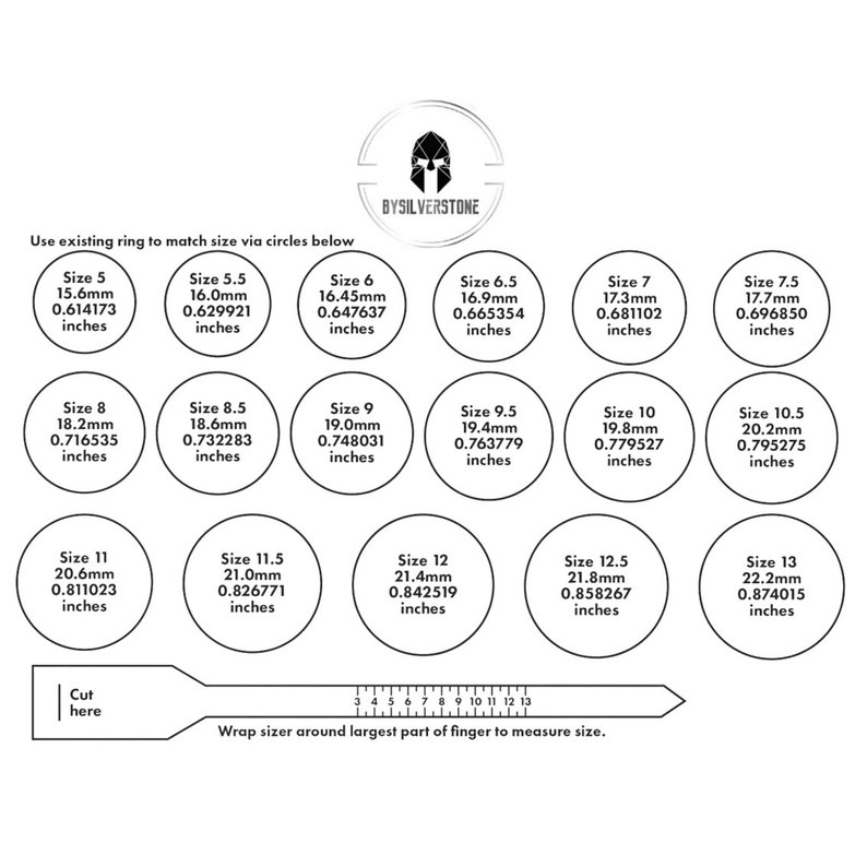 May include: A ring size guide with a ruler and circles showing different ring sizes in millimeters and inches. The guide is printed on a white background with a black and silver logo at the top.