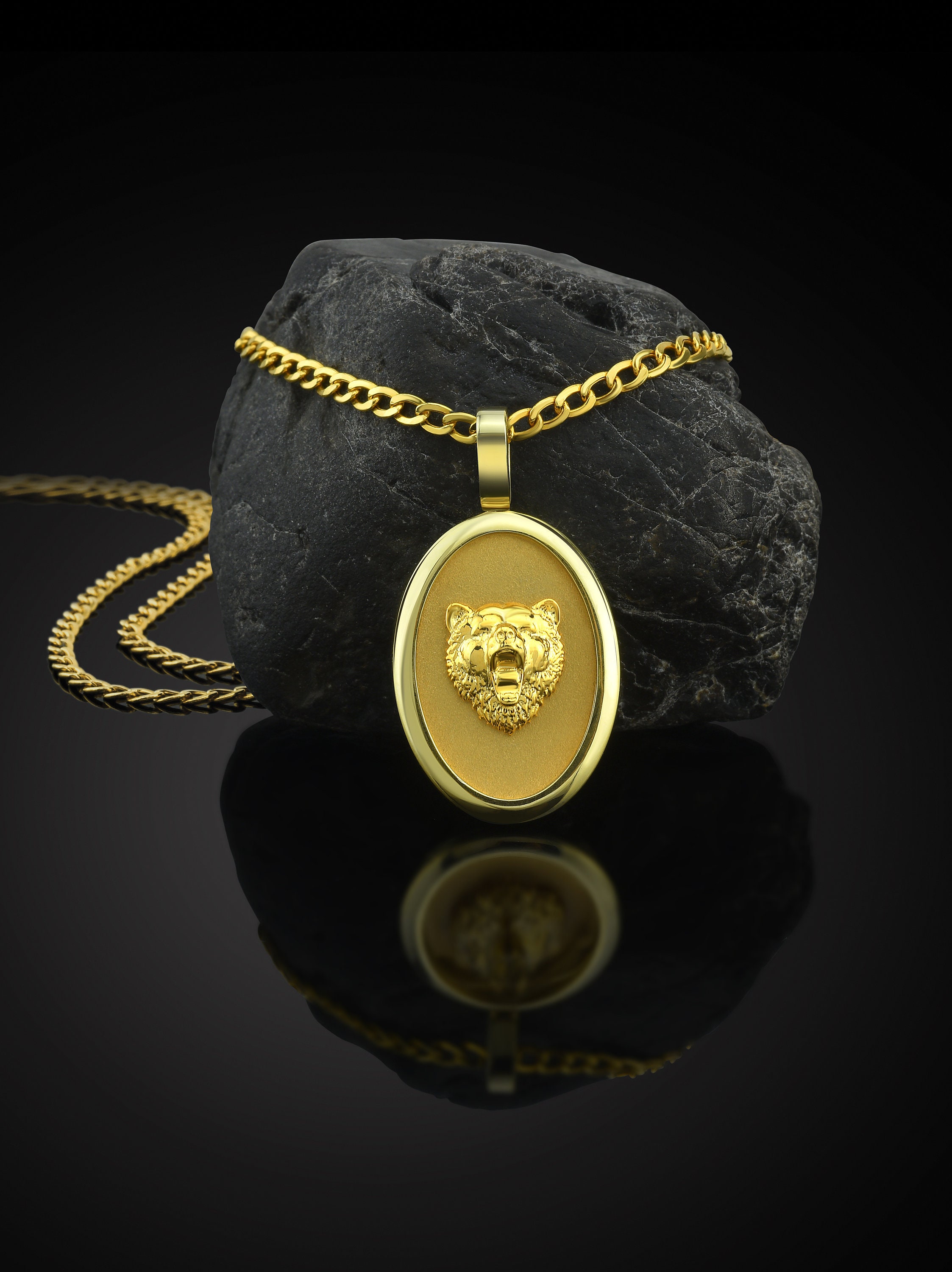 Gold Bear Head Necklace 14K Gold Bear Medal Mens Gold Etsy