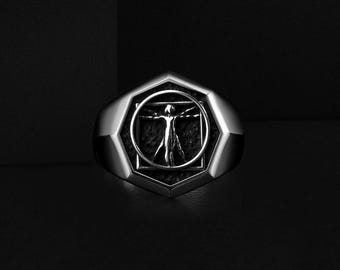 Geometric Unique Vitruvian Leonardo Da Vinci Silver Signet Men's Ring, Personalized Wedding Jewelry Rings for Boyfriend