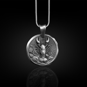 Cancer Zodiac Sign Coin Necklace, Engraved Crab Horoscope Necklace For Boyfriend, Oxidized Astrology Necklace in Silver, Cancer Zodiac Gift