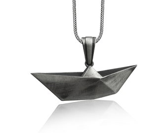 Origami boat sterling silver necklace for best friend, Japanese art necklace for fisherman, Sailboat necklace for son