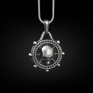Skull In Middle Ship Wheel Necklace, Oxidized Pirate Necklace in Sterling Silver, Gothic Nautical Necklace For Fisherman, Boat Captain Gift