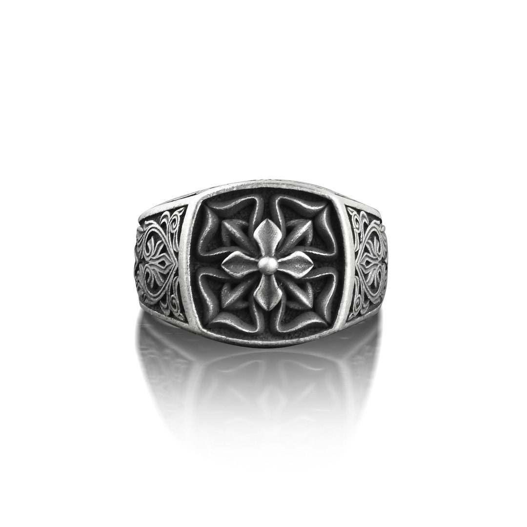 Lotus Floral Cross Mens Ring in Silver Victorian Style Floral - Etsy