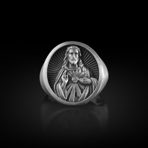 925k Sterling Silver 3D Jesus Ring, Engraved Jesus Christ Ring, Religious Statement Ring, Oxidized Silver Catholic Ring, Christian Ring