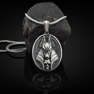 Anubis and skull pendant necklace for men in silver necklace, Ancient egyptian mythology necklace for dad, Gift for him