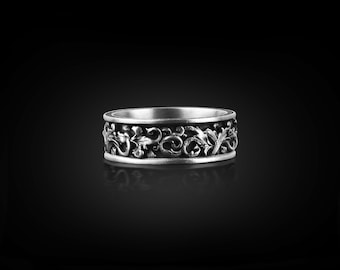 Carved Leaf Motif Promise Ring For Him, Oxidized Rococo Ornament Mens Wedding Band Ring in Sterling Silver, Floral Engagement Ring For Men
