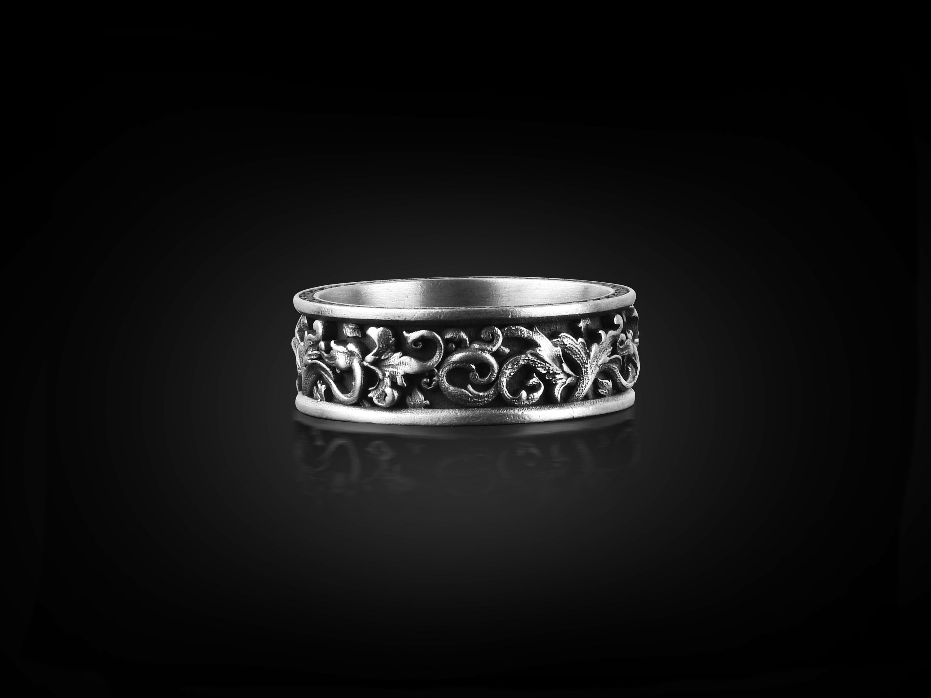 Anillo de promesa con motivo de hoja tallada para él, anillo de boda para hombre con adorno rococó oxidado en plata de ley, anillo de compromiso floral para hombres