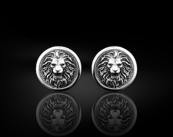 Sterling polished silver lion design cufflinks, Wild lion silver men cufflinks, Unique wedding gift for men, Gift for boyfriend or husband