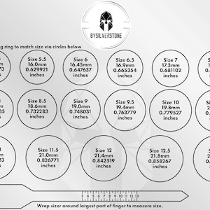 May include: A chart with a ruler and circles showing different ring sizes in millimetres and inches. The chart is labelled "Use existing ring to match size via circles below" and "Wrap sizer around largest part of finger to measure size."