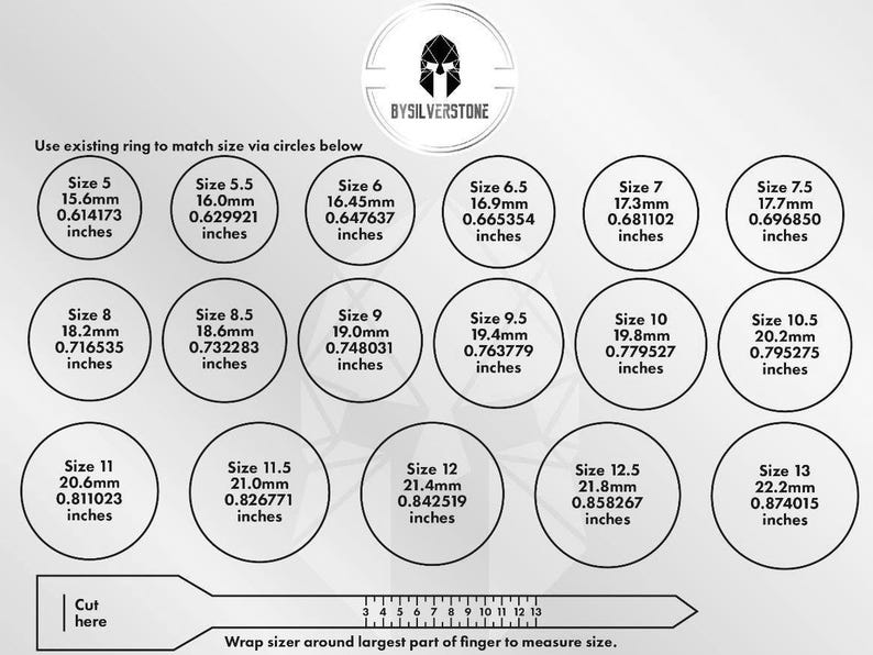 May include: A chart with a ruler and circles showing different ring sizes in millimetres and inches. The chart is labelled "Use existing ring to match size via circles below" and "Wrap sizer around largest part of finger to measure size."