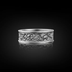 Leaf and Flower Engraved Ring For Men, Floral Mens Wedding Band Ring in Silver, Nature Promise Ring For Him, Botanical Ring For Boyfriend