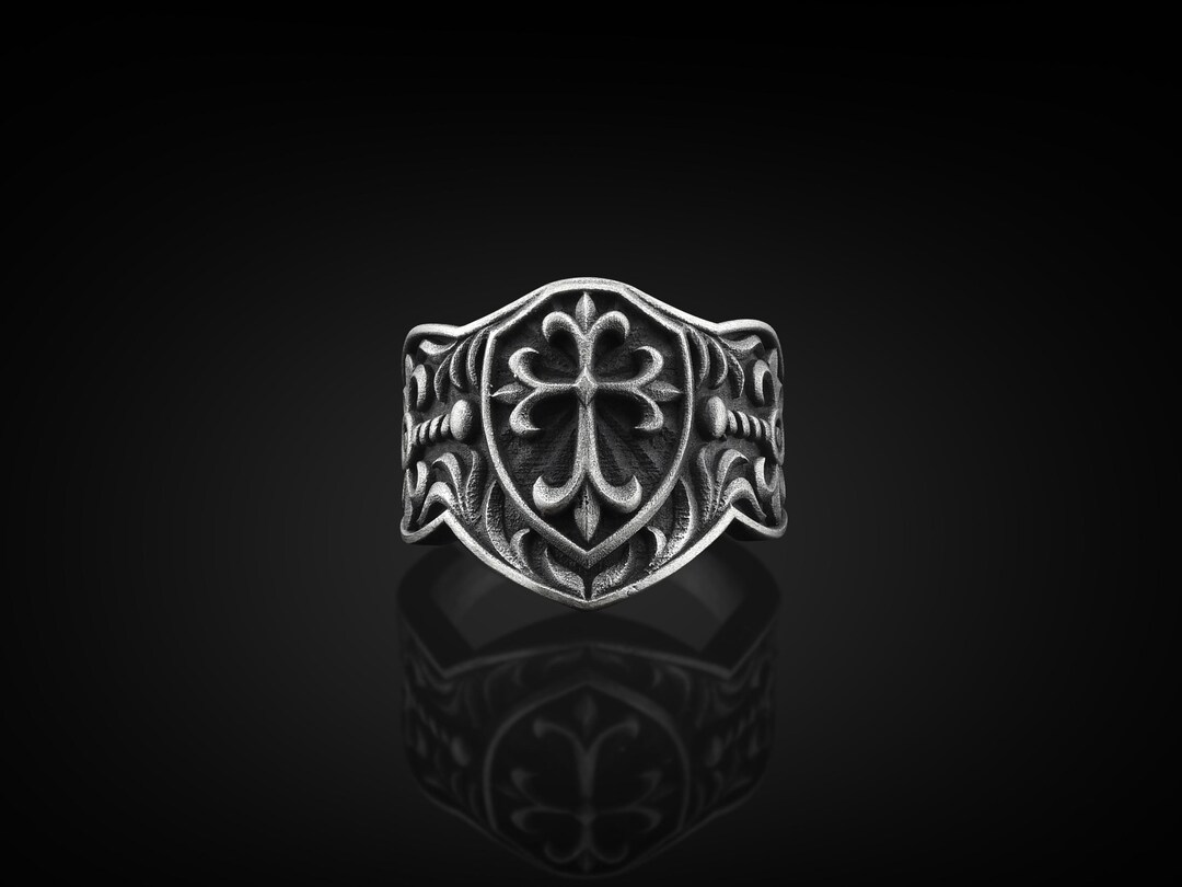 Crusader Shield Handmade Sterling Silver Men Ring, Christian Cross