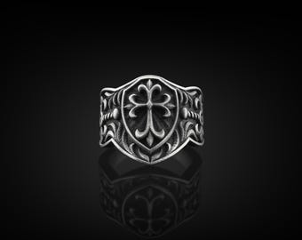Korsfararsköld handgjord sterlingsilverring för män, kristen korssköld silverring, korsfararsköld silversmycken för män, ring för män