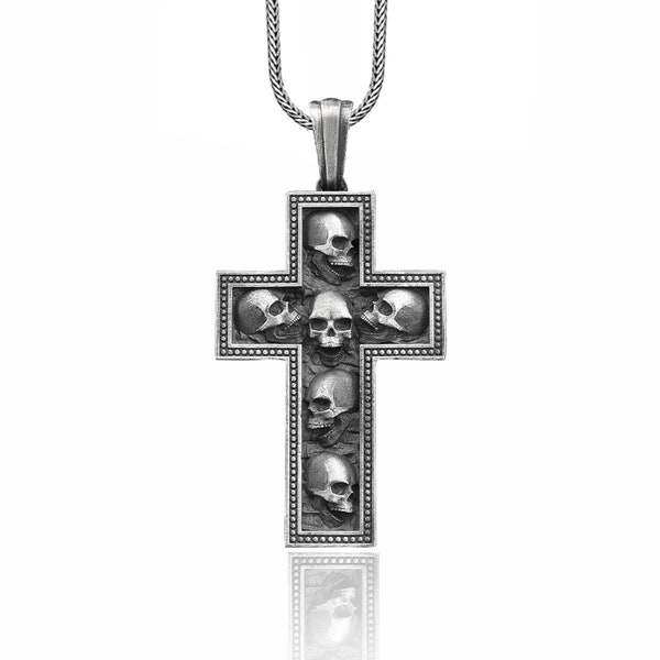 Collar colgante de cruz gótica para hombre, collar de calavera para hombre de plata de ley para novio, collar gótico oxidado para él