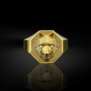 Minimalist fenrir wolf signet ring for men in 14k gold, Simple signet pinky gold ring for men in 18k gold, Promise gold ring, Golden wolf