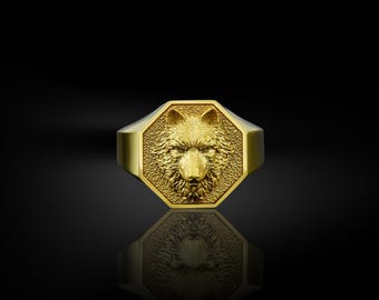Minimalist fenrir wolf signet ring for men in 14k gold, Simple signet pinky gold ring for men in 18k gold, Promise gold ring, Golden wolf