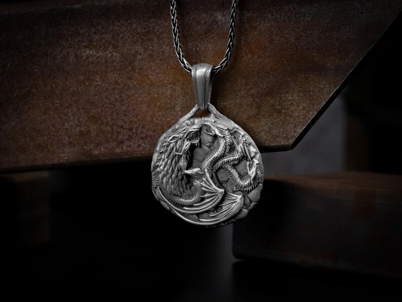 Sterling Silver Fighting Dragon With Wolf Necklace Pendant, GOT Stark