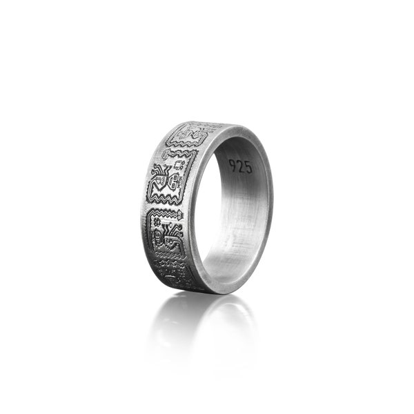 Bague hiéroglyphes aztèques et mayas, bague pour homme unique ancienne en argent sterling, bijoux aztèques et maya, bague mythologie pour meilleur ami