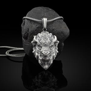 Buffalo Handmade Silver Necklace, 3D Buffalo Head Silver Men Jewelry, Buffalo Head Sterling Silver Pendant, 3D Buffalo Head Gift, Men's Gift