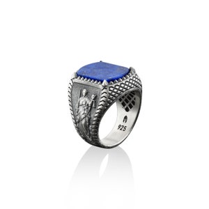 Lady justice engraved lapis lazuli signet men ring, 925 sterling silver Greek mythology ring for men and women, Goddess man Ring with lapis