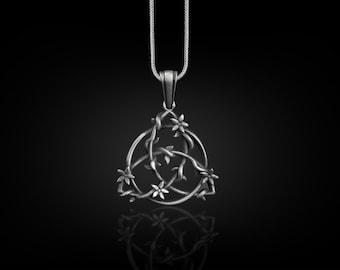 Floral Triquetra Knot Necklace, Celtic Trinity Knot Symbol From Flower Branch Necklace, Occult Necklace For Dad, Pagan Necklace  For Husband