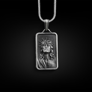 Jesus with crown of thorns pendant necklace in silver, Personalized religious neckalce for catholic, Christian necklace
