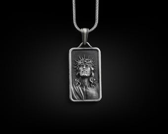 Jesus with crown of thorns pendant necklace in silver, Personalized religious neckalce for catholic, Christian necklace