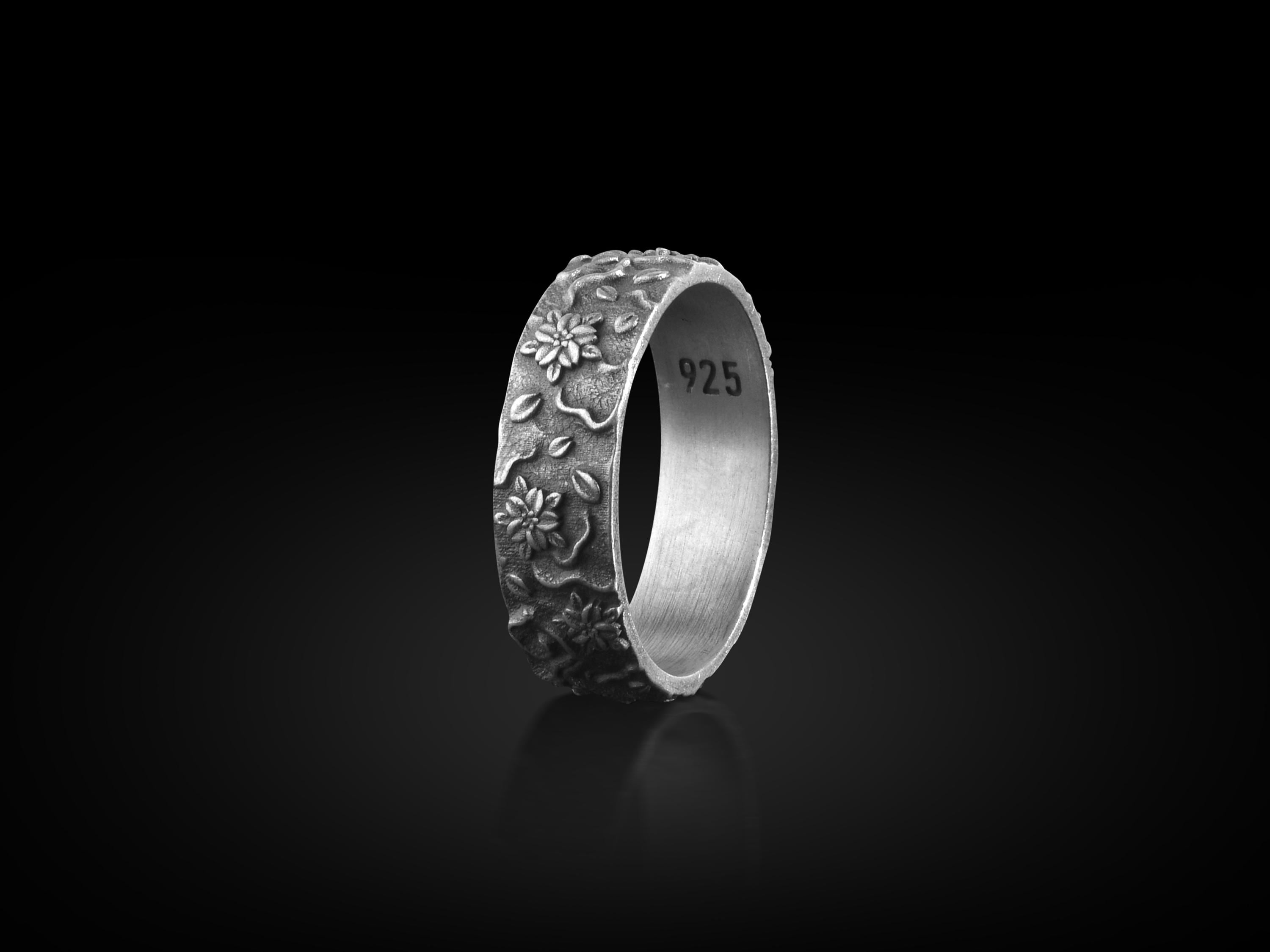Japanese Ornaments Motifs Silver Men's Band Ring, Traditional Handmade ...