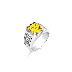 Citrine stone silver mens signet ring with greek pattern, Sterling silver Big Yellow citrine stone men ring, Fashion unique citrine ring