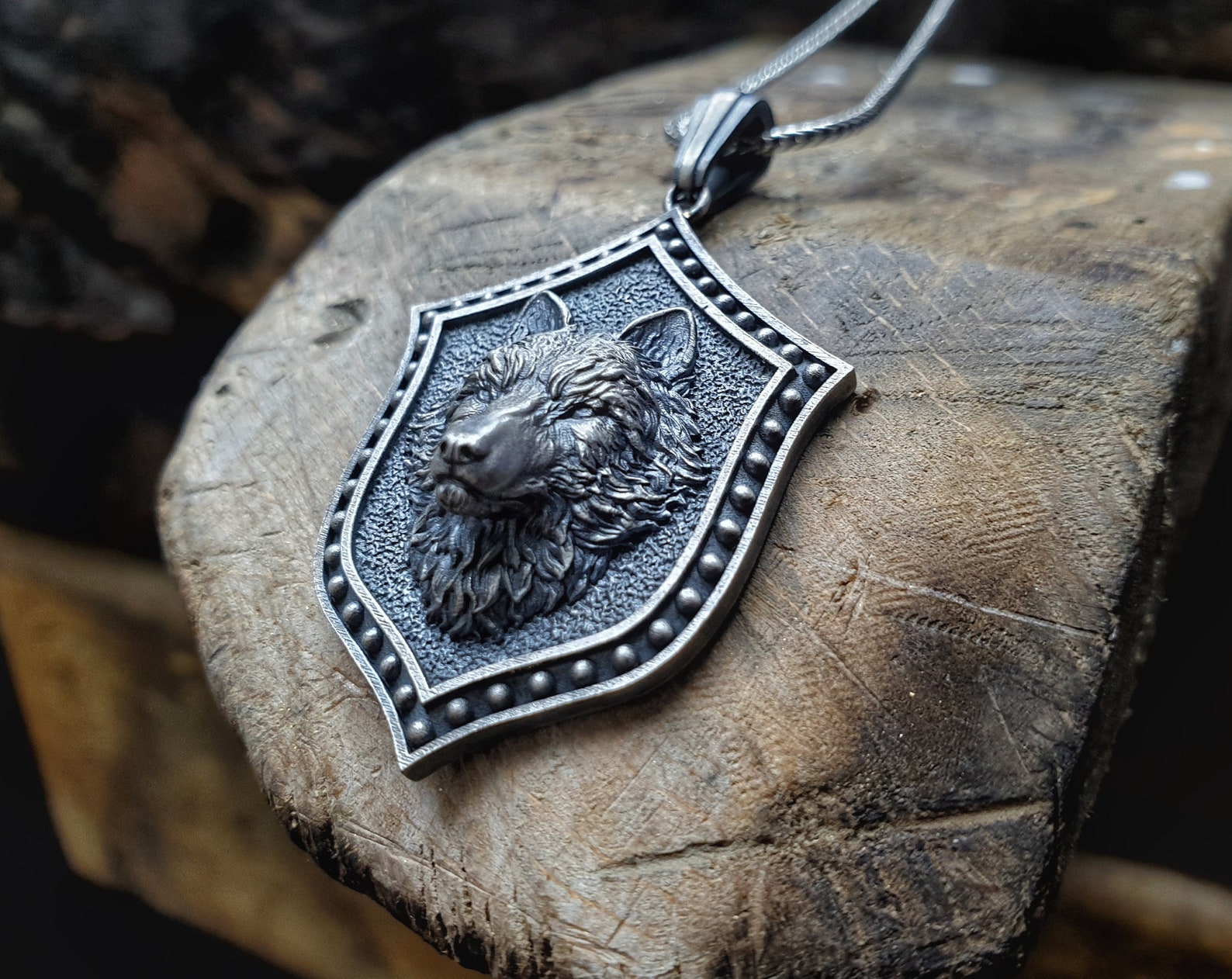 Mens Wolf Necklace Silver Wolf Head Necklace Mens Shield Etsy