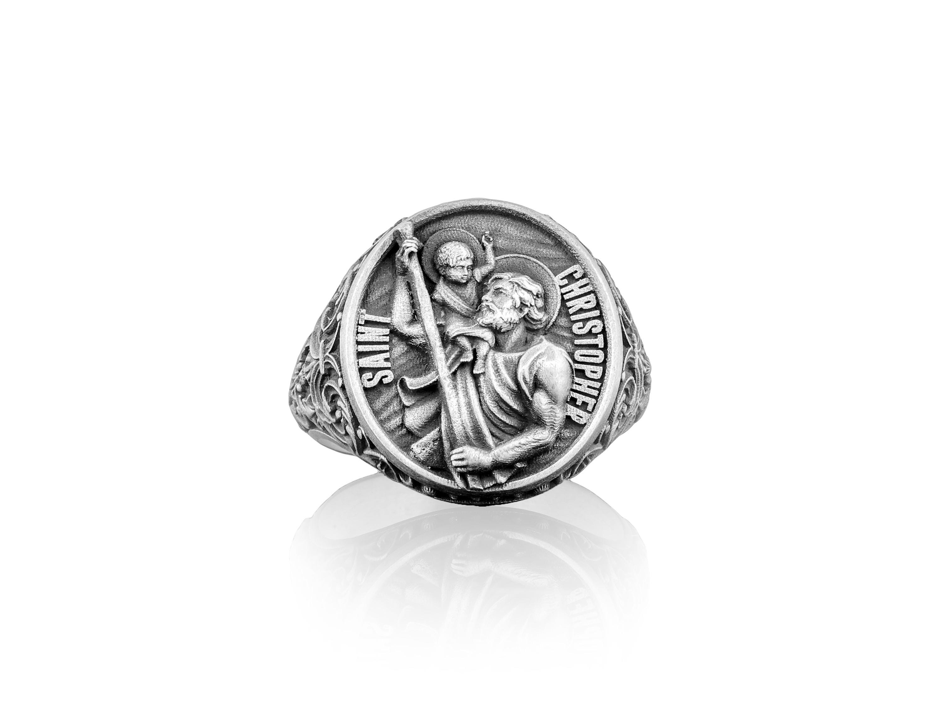 Sterling Silver Signet Men Ring With Saint Christopher and Baby