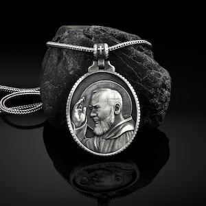 Silver Padre Pio necklace for men, Religious mens pendant, Silver christian gift necklace for dad, Padre Pio silver gift, Catholic medallion