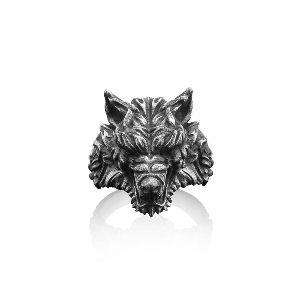 One of a kind wolf ring in sterling silver, Wolf head minimalist ring for men, Strength ring for husband, Cool mens ring