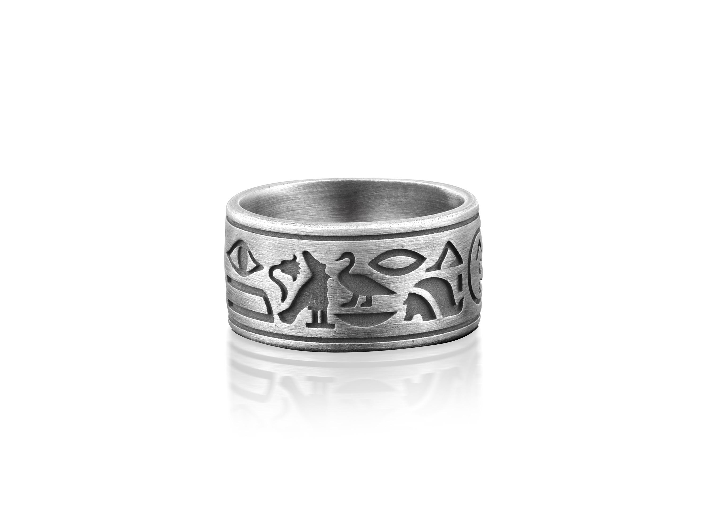 BySilverStone Ancient Egyptian Hieroglyphics Sterling Silver Band Ring - Handmade Engraved Men's Ring, Gift Box, Sizes 5-15