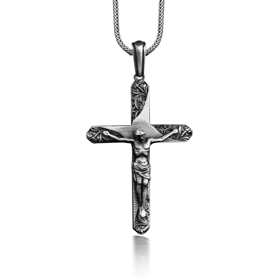 Crucifix Cross Necklace for Men, Sterling Silver Mens Floral Cross Pendant With Jesus, Christian