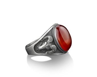 Zodiac aries signet ring for men in sterling silver with carnelian gemstone, Red agate gemstone ring, Ram head engraved signet ring for him