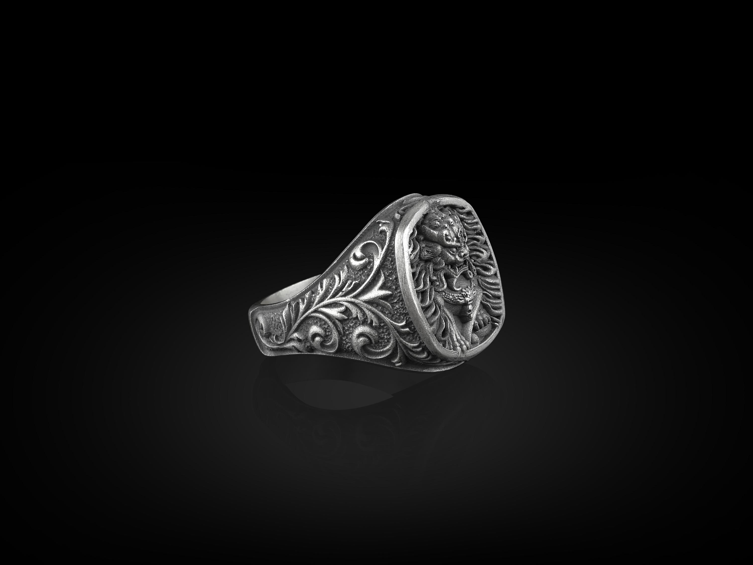 Handmade Japanese Foo Dog, Sterling Silver Square Signet