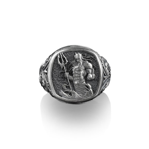 Poseidon with Trident Square Signet Ring, Ancient Greek God of The Sea, Sterling Silver Mens Rings, Pinky Rings for Women, Chunky Biker Ring