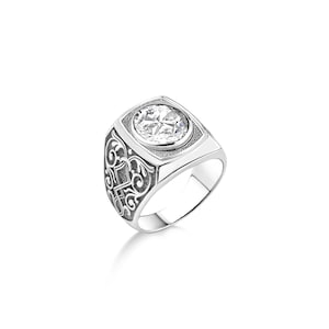Cubic zirconia stone silver ring for men, Victorian wide band men ring with white quartz, Engraved lily on side zircon silver ring for men