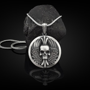 Winged Skull Handmade Sterling Silver Men Charm Necklace, Skull Silver Biker Jewelry, Skull Gothic Necklace, Skull Pendant, Memorial Gift