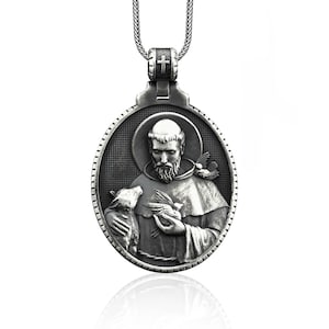 Silver Saint Francis Necklace, Saint Francis Mens Pendant, Christian Saint Francis Medallion, Silver Christian Jewelry, Religious Men Gift