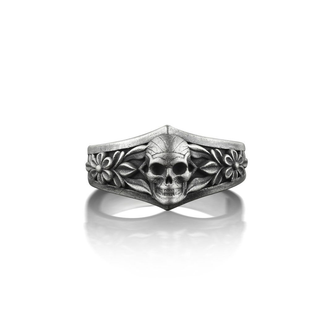 Skull With Floral Ornament Ring, Goth Engagement Ring for Men in
