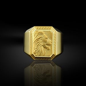 Anel masculino de leão de ouro com sinete retangular, anel de luxo para casamento em ouro 14k, joias 18k para homens, anel de presente de ouro para melhor amigo, anel de ouro 10k para casal